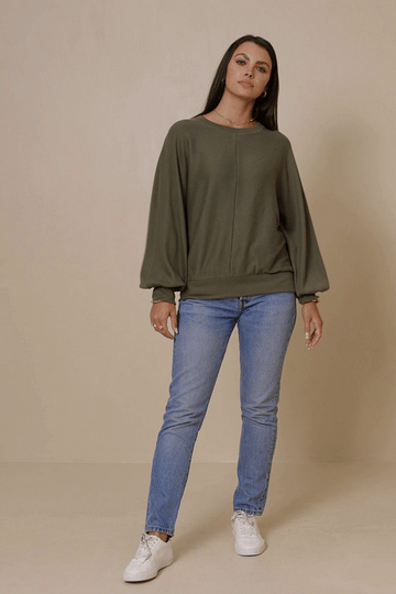 HK1468W Olive Plus Seam Detail Cuffed Knit Dolman Top Front
